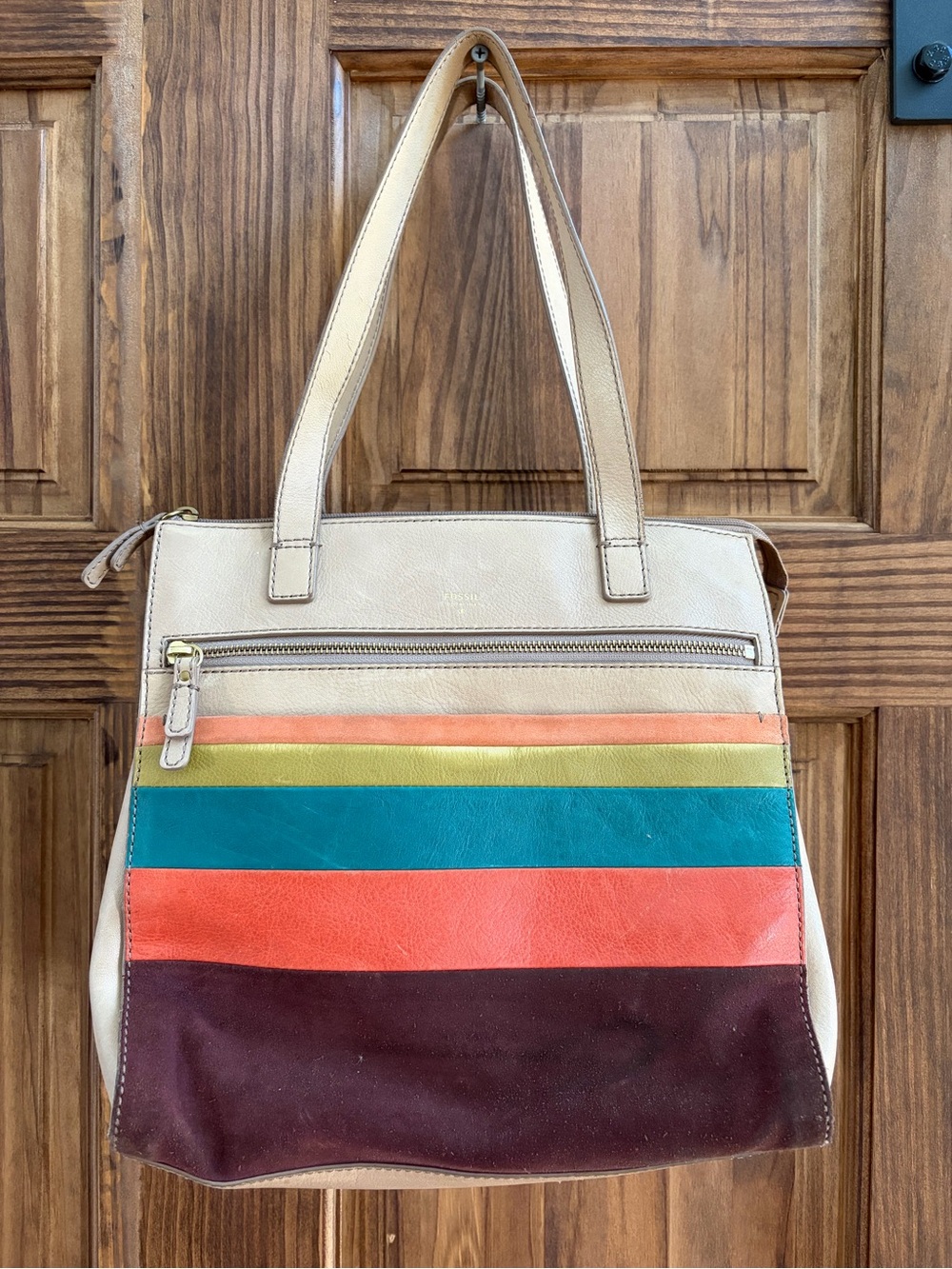 Fossil Colorblock Leather Tote Shoulder Bag | Multicolor Striped | Zip Top